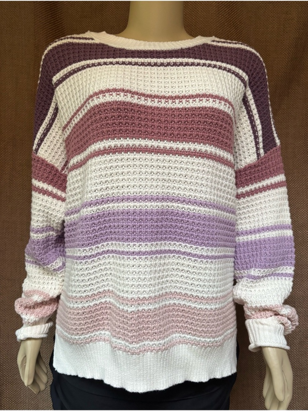 Aeropostale White Sweater with Mauve, Lavender and Plum Stripes